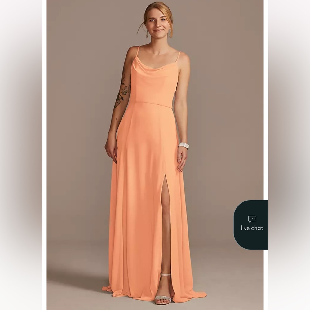 Cowl Neck Chiffon Dress with Slit - orange sorbet